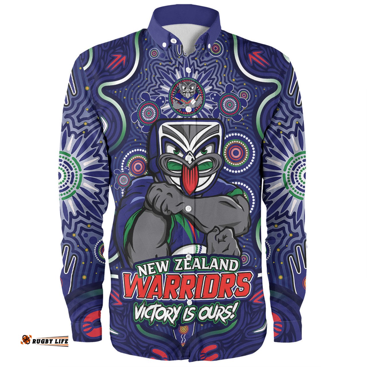 New Zealand Warriors Long Sleeve Button Shirt Aboriginal Pattern Inspired Victory Is Ours