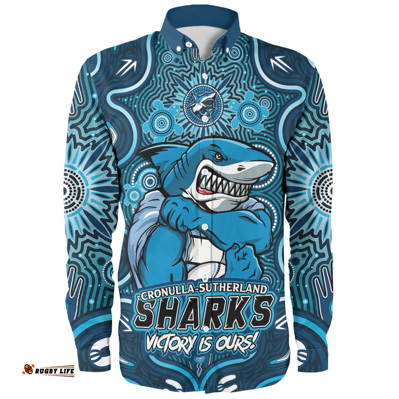 Cronulla-Sutherland Sharks Long Sleeve Button Shirt Aboriginal Pattern Inspired Victory Is Ours