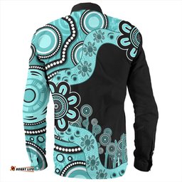 Australia Long Sleeve Button Shirt Aboriginal Indigenous Dot Painting Turquoise