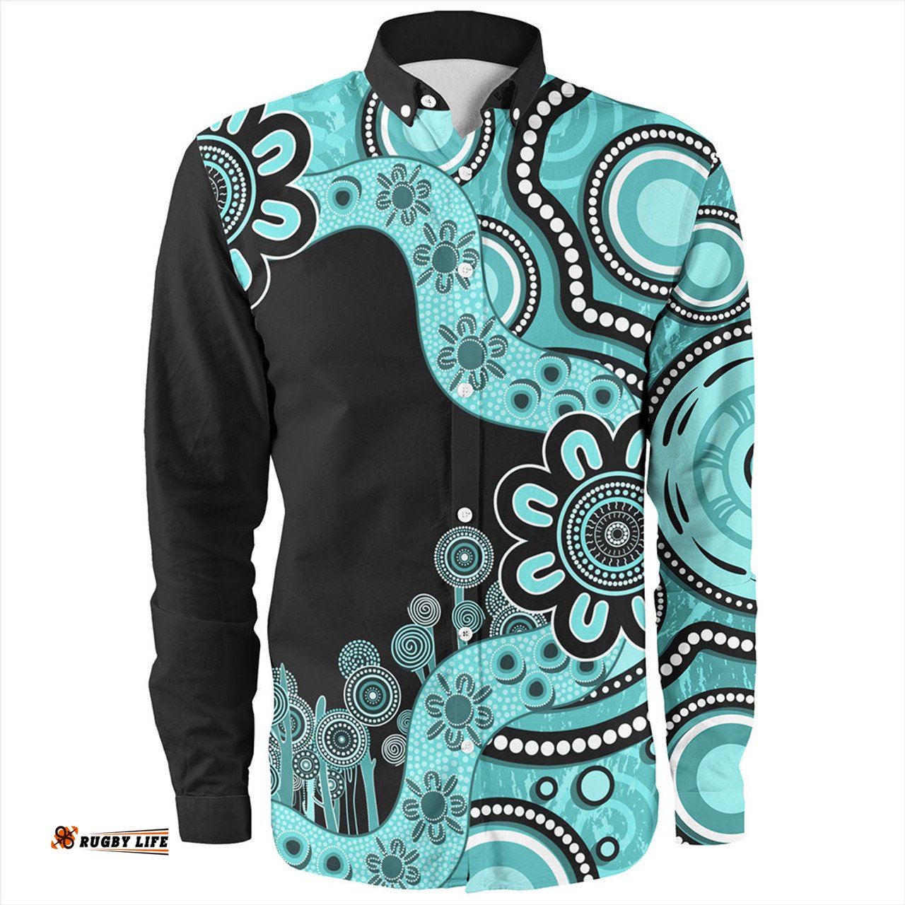 Australia Long Sleeve Button Shirt Aboriginal Indigenous Dot Painting Turquoise