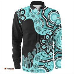 Australia Long Sleeve Button Shirt Aboriginal Indigenous Dot Painting Turquoise