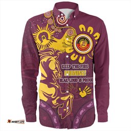 Brisbane Broncos Long Sleeve Button Shirt Aboriginal Indigenous Naidoc Week Dreamtime Dot Painting With Flag
