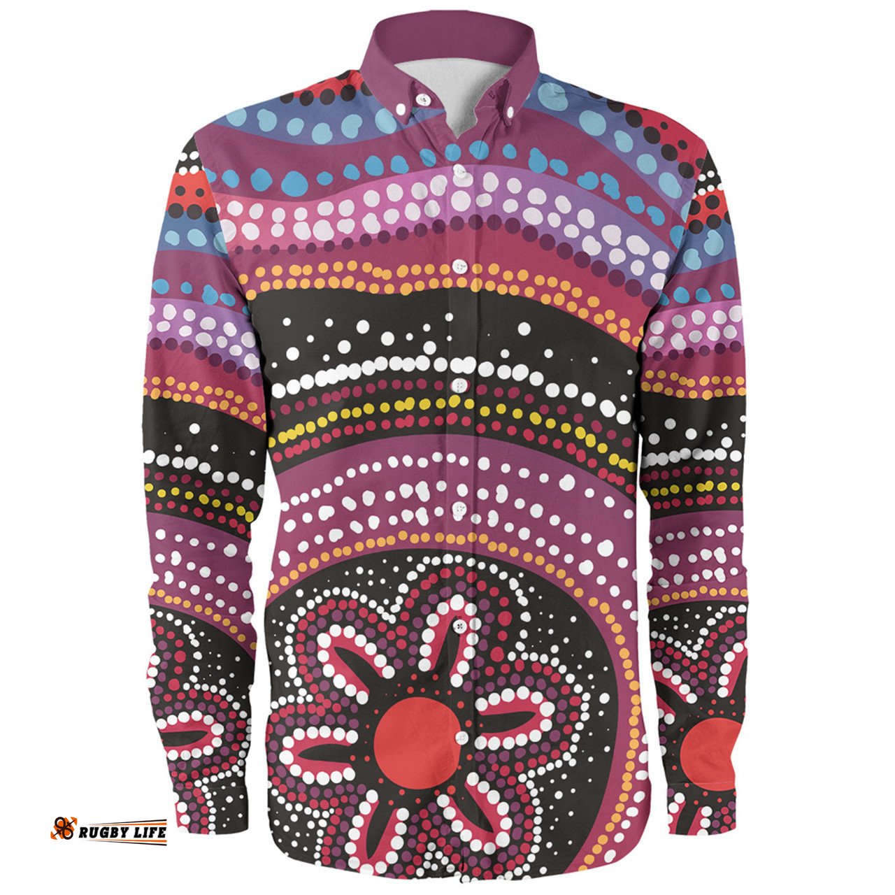 Australia Dot Painting Inspired Aboriginal Long Sleeve Button Shirt - Aboriginal Color Dot Inspired Long Sleeve Button Shirt