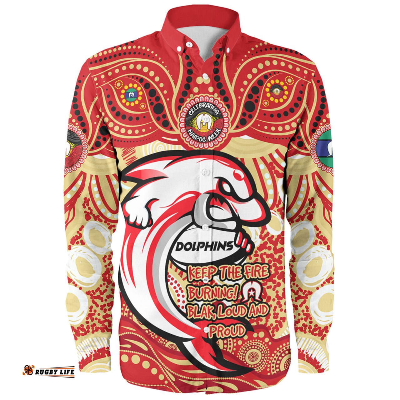 Redcliffe Dolphins Long Sleeve Button Shirt Celebrating Naidoc Week 2024 Aboriginal Dot Art Inspired