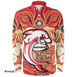 Redcliffe Dolphins Long Sleeve Button Shirt Celebrating Naidoc Week 2024 Aboriginal Dot Art Inspired