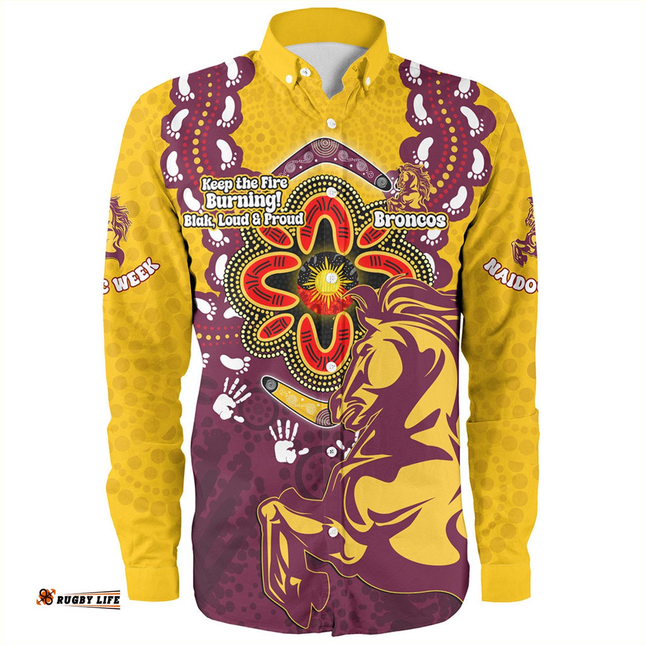 Brisbane Broncos Long Sleeve Button Shirt Aboriginal Inspired Naidoc Symbol Pattern