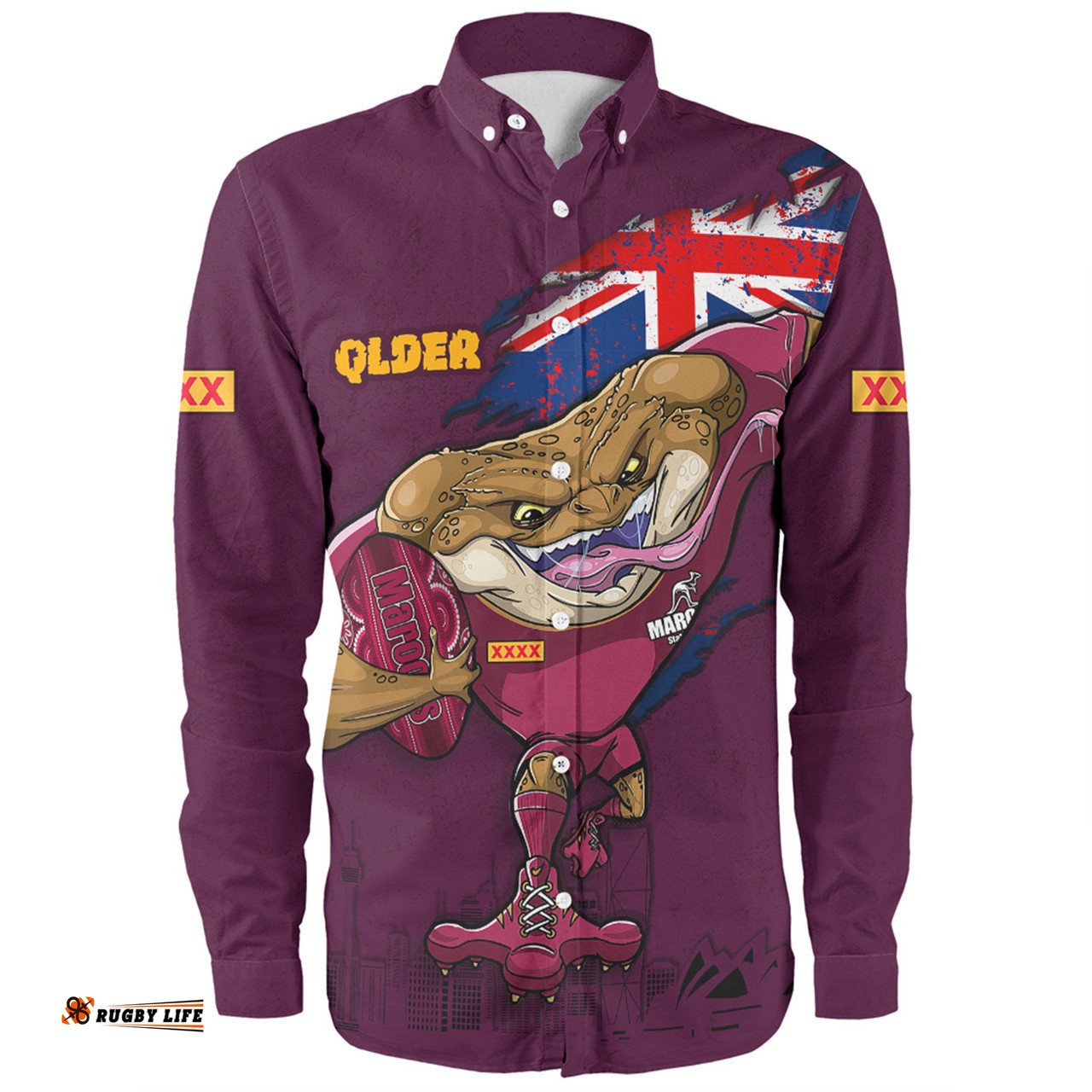 Queensland Maroons Long Sleeve Button Shirt Custom For Die Hard Fan Australia Flag Scratch Style