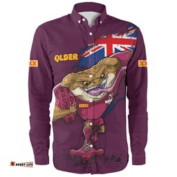 Queensland Maroons Long Sleeve Button Shirt Custom For Die Hard Fan Australia Flag Scratch Style