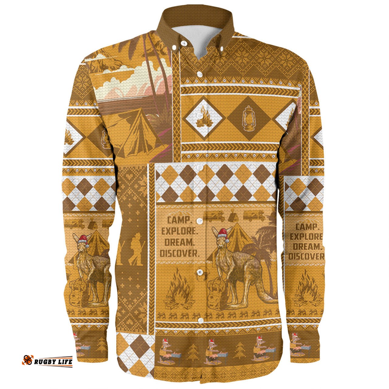 Australia Camping Christmas Long Sleeve Button Shirt - Xmas Camping With Kangaroo Vintage Long Sleeve Button Shirt