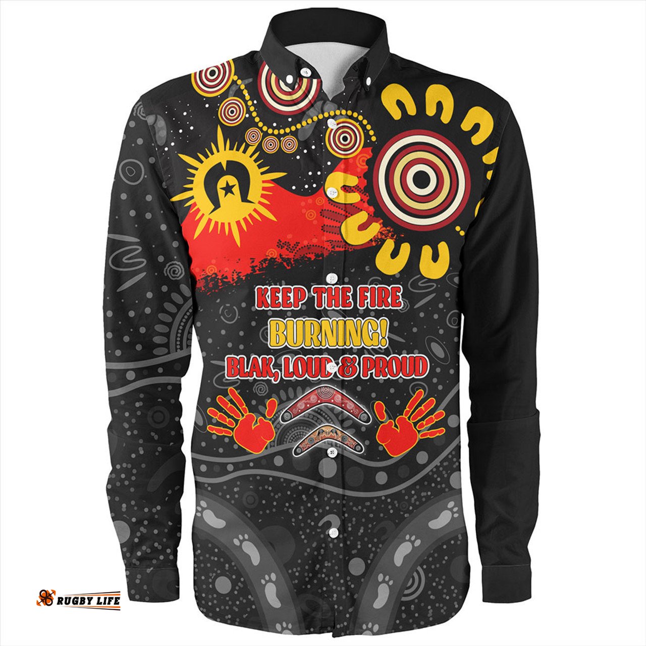 Australia Long Sleeve Button Shirt Aboriginal Indigenous Naidoc Week Dreamtime Dot Painting With Flag