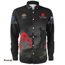 New Zealand Anzac Day Long Sleeve Button Shirt - New Zealand Remember Black Long Sleeve Button Shirt