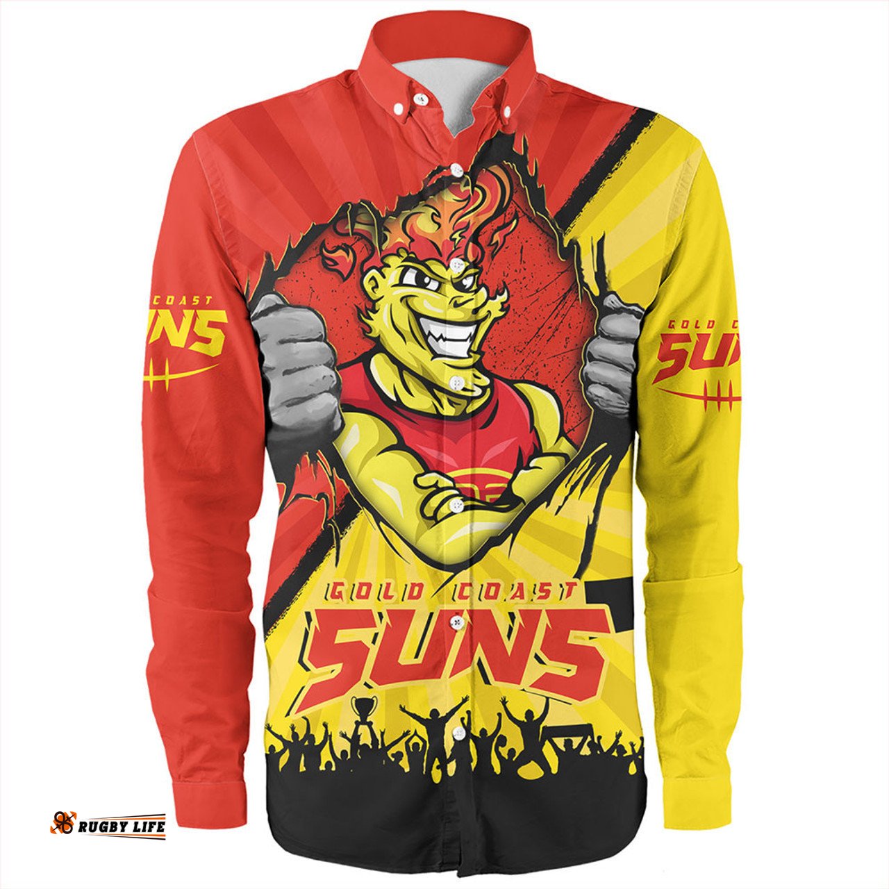 Gold Coast SUNS Long Sleeve Button Shirt Breaking Through Fan Design
