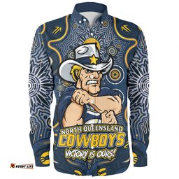 North Queensland Cowboys Long Sleeve Button Shirt Aboriginal Pattern Inspired Victory Is Ours
