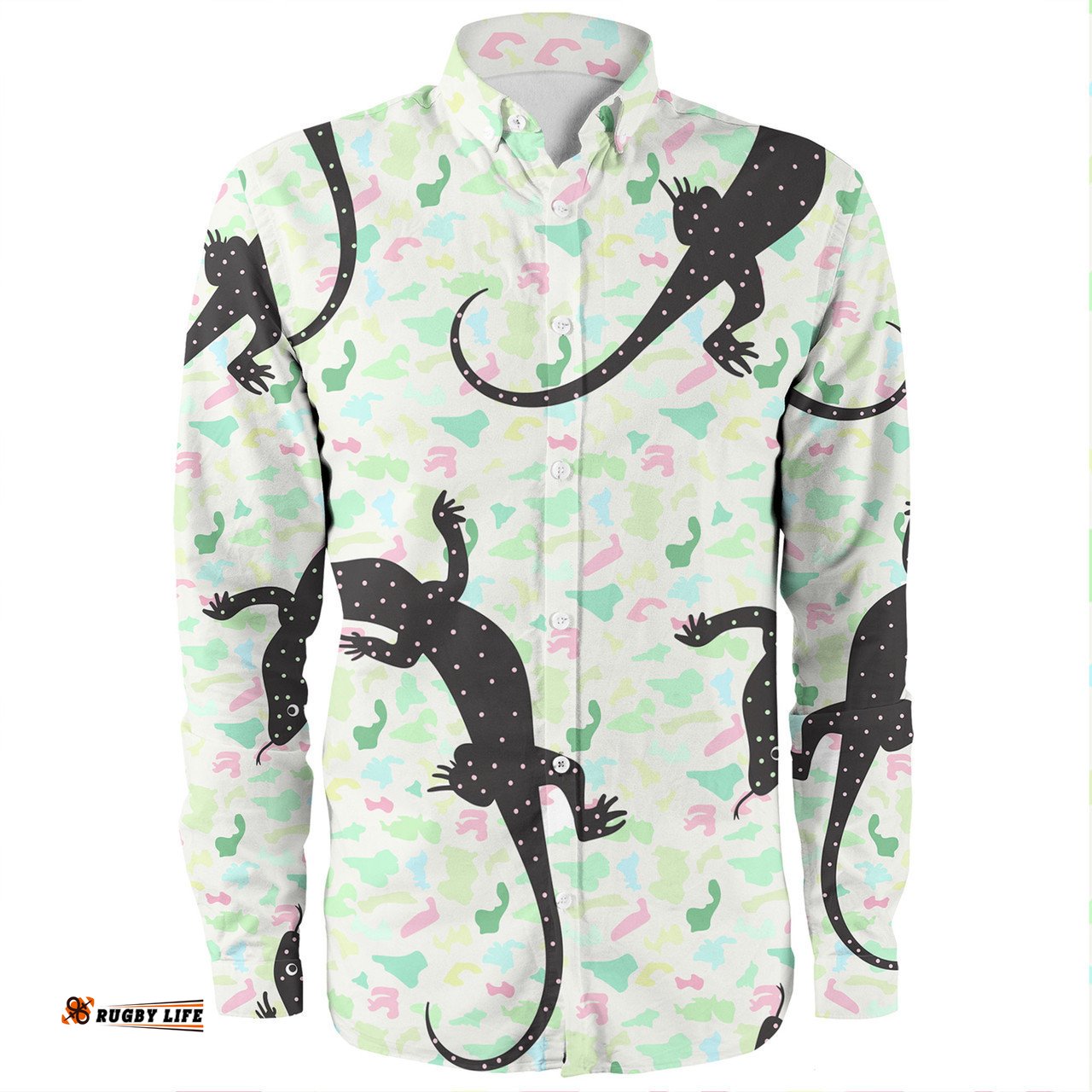 Australia Goanna Long Sleeve Button Shirts - Aboriginal Goanna Dot Art Colorful Inspired Long Sleeve Button Shirts