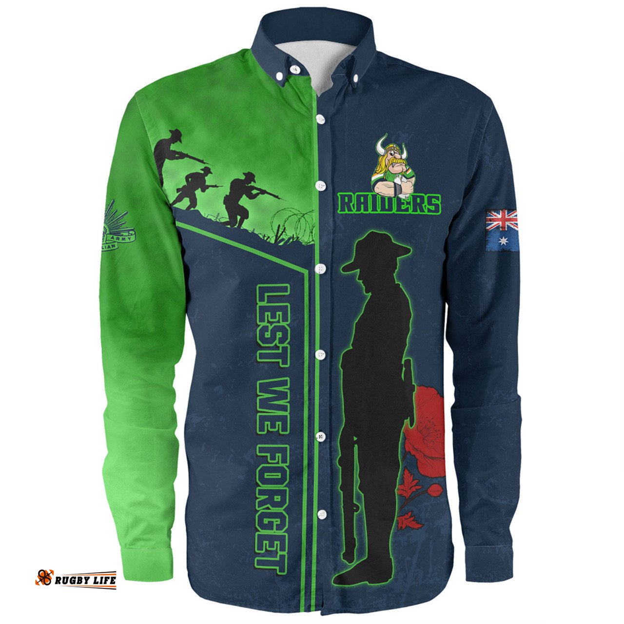Canberra Raiders Long Sleeve Button Shirt - Anzac Day Lest We Forget Poppy