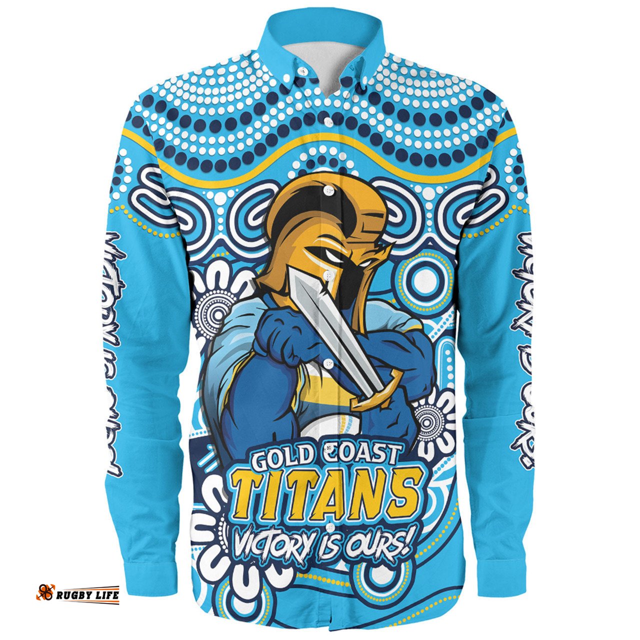 Gold Coast Titans Long Sleeve Button Shirt Aboriginal Inspired Tough Fan Rugby For Life