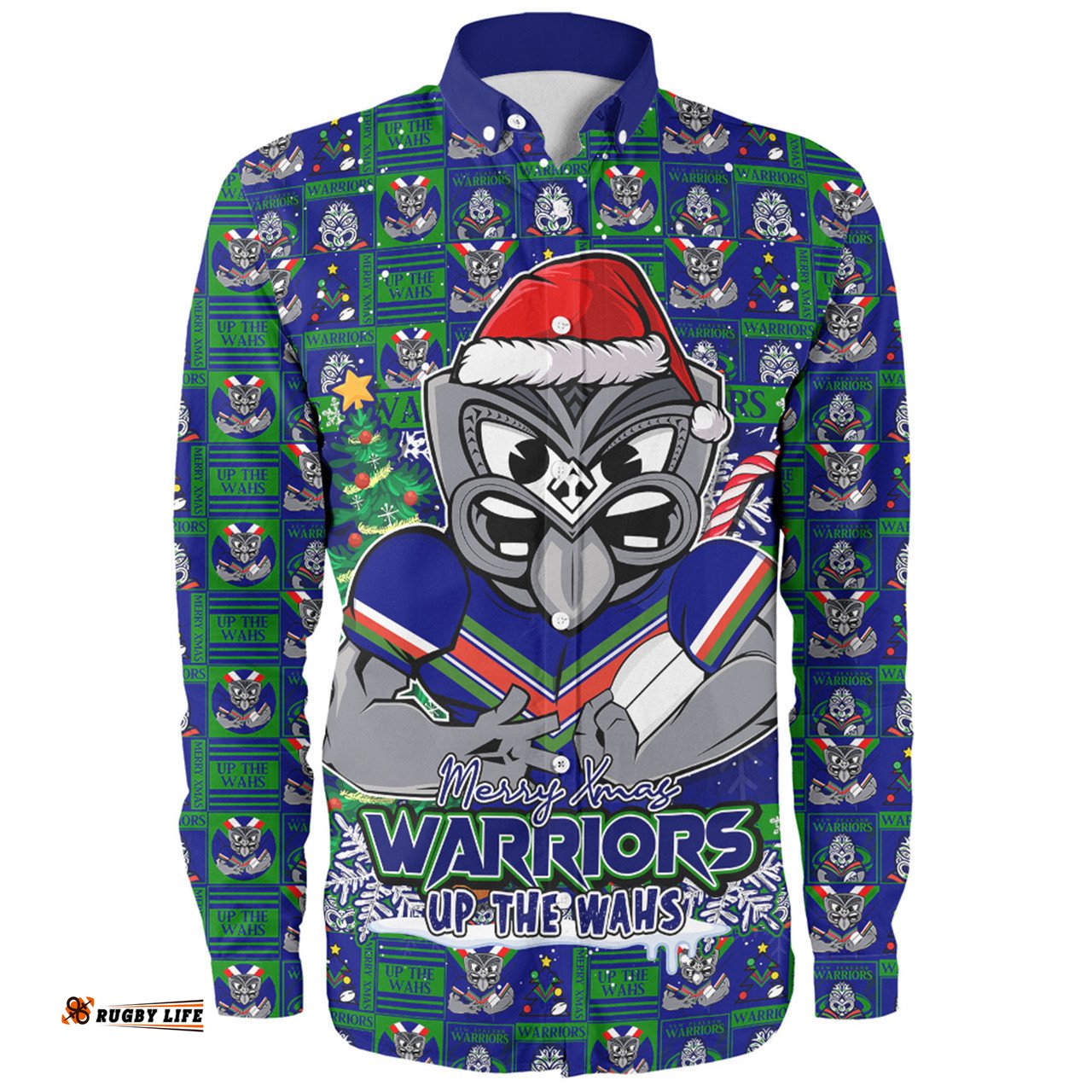 New Zealand Warriors Long Sleeve Button Shirt Merry Ugly Christmas Comic Style