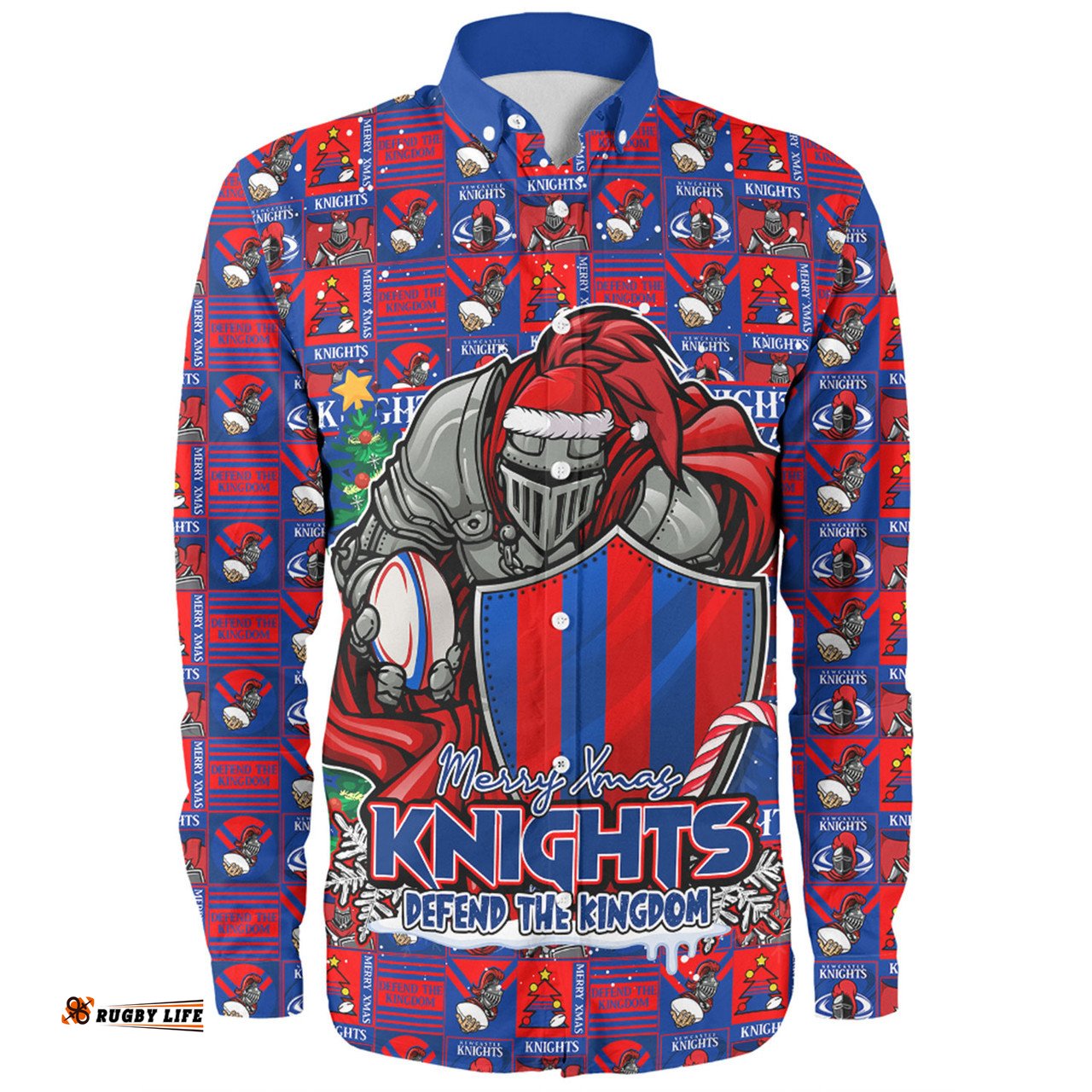 Newcastle Knights Long Sleeve Button Shirt Merry Ugly Christmas Comic Style