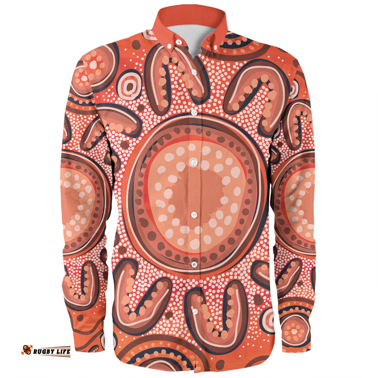 Australia Dot Painting Inspired Aboriginal Long Sleeve Button Shirt - Big Flower Painting With Aboriginal Dot Long Sleeve Button Shirt