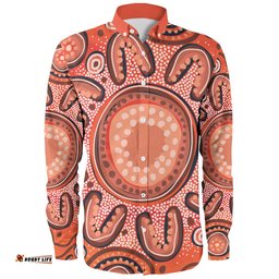 Australia Dot Painting Inspired Aboriginal Long Sleeve Button Shirt - Big Flower Painting With Aboriginal Dot Long Sleeve Button Shirt