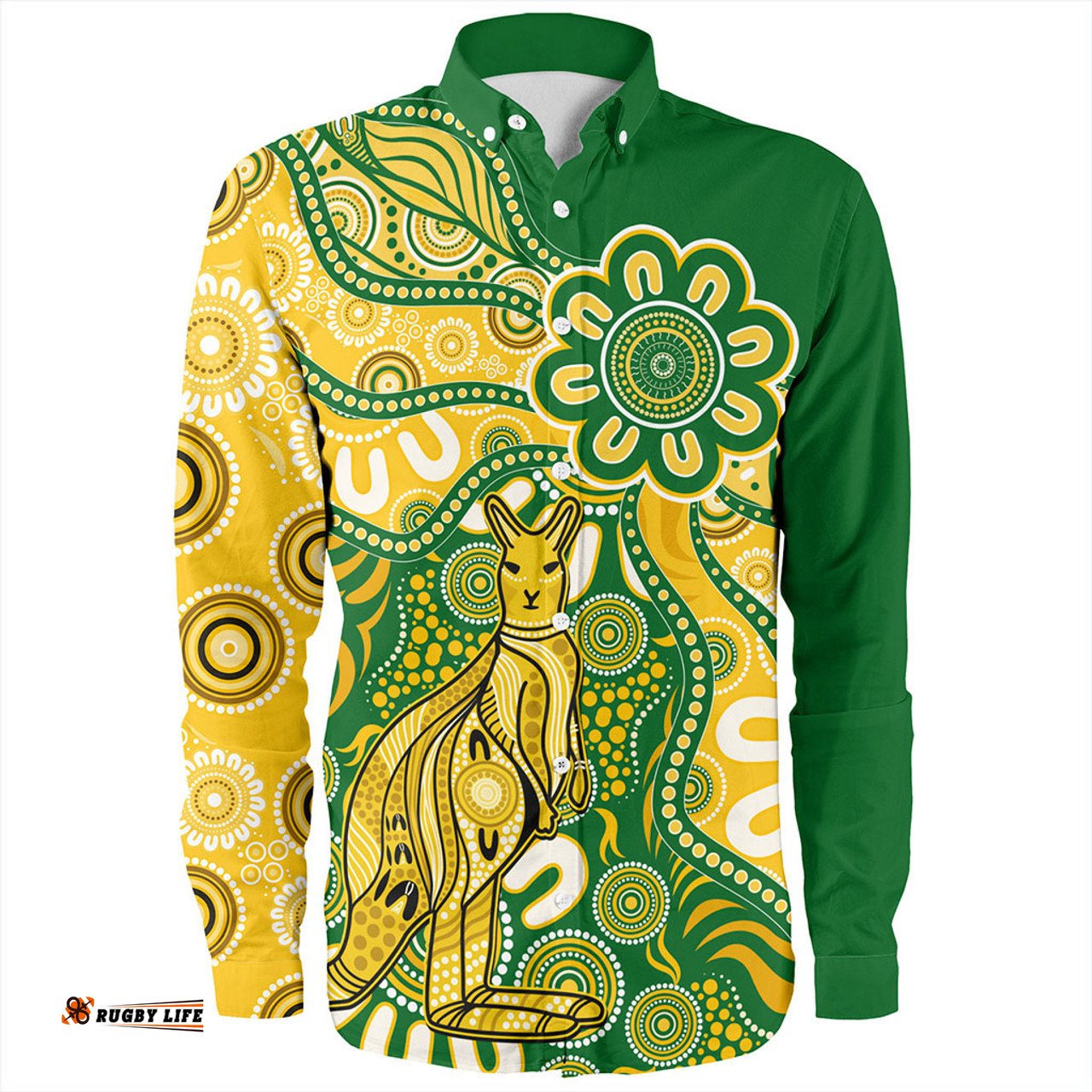 Australia Long Sleeve Button Shirt Aboriginal Dot Design Kangaroo