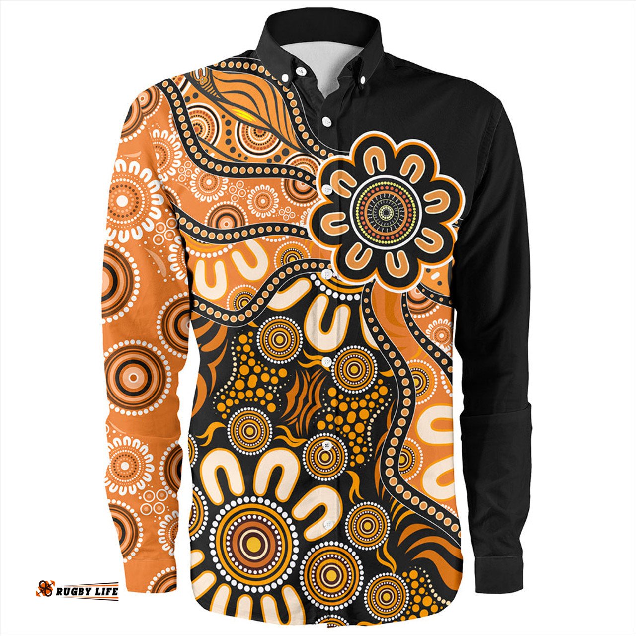 Australia Long Sleeve Button Shirt Aboriginal Dot Painting Background