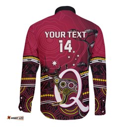Personalised QLD Maroons Rugby Long Sleeve Button Shirt Go Queensland Kangaroo Indigenous