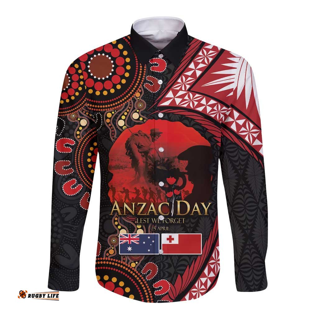 Tonga and Australia ANZAC Day Long Sleeve Button Shirt Aboriginal and Ngatu Art Pattern - Gallipoli Lest We Forget