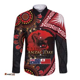 Tonga and Australia ANZAC Day Long Sleeve Button Shirt Aboriginal and Ngatu Art Pattern - Gallipoli Lest We Forget