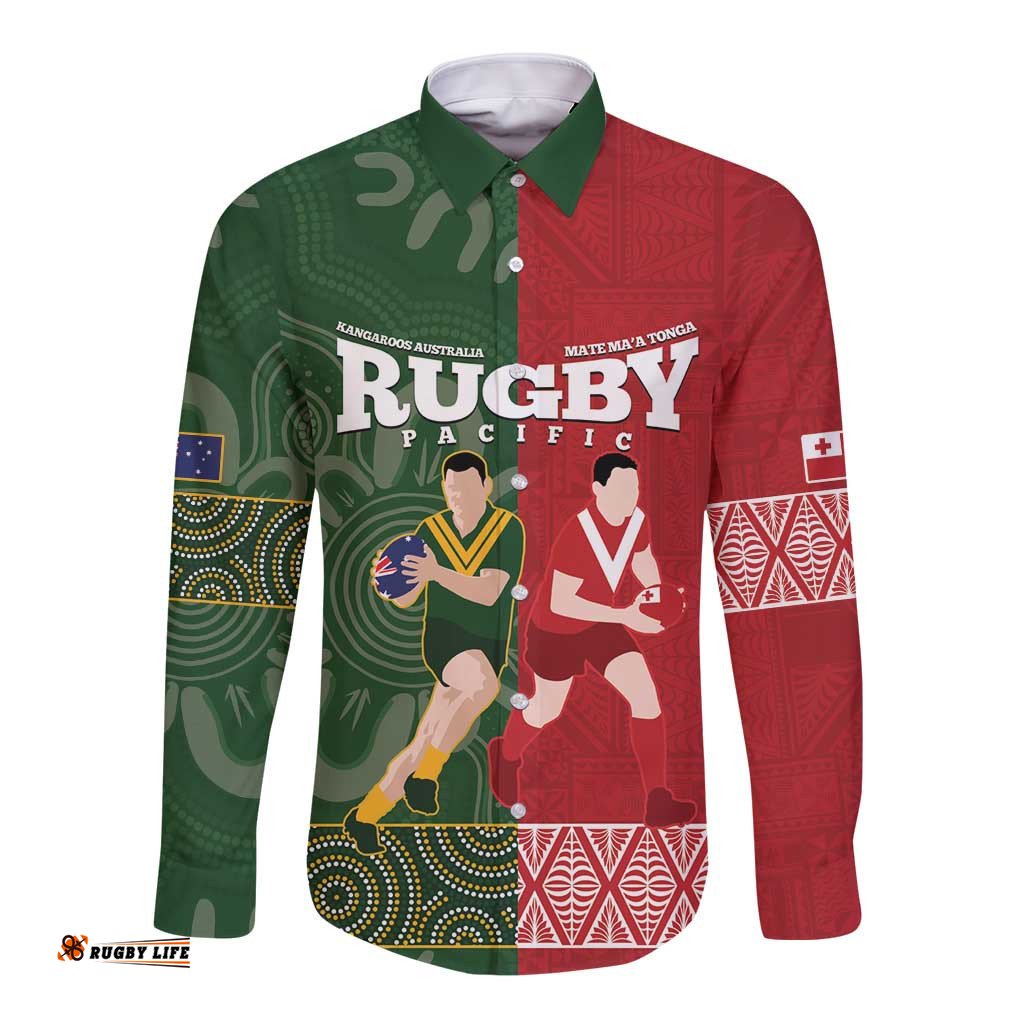 Custom Mate Maa Tonga And Kangaroo Australia Long Sleeve Button Shirt Tongan Kupesi Mix Aboriginal Art