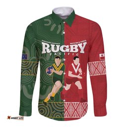 Custom Mate Maa Tonga And Kangaroo Australia Long Sleeve Button Shirt Tongan Kupesi Mix Aboriginal Art