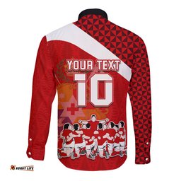 Personalised Tonga Rugby Long Sleeve Button Shirt Sipi Tau Dance Coat of Arms Ngatu Pattern