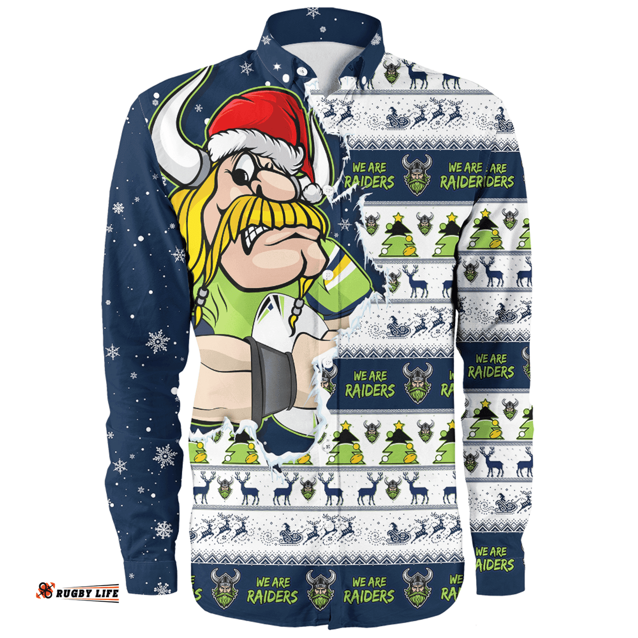 Canberra Raiders Long Sleeve Button Shirt Merry Ugly Christmas Our Beloved Team Scratch Style