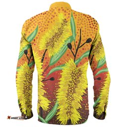Australia Aboriginal Long Sleeve Button Shirt - Aboriginal Art Of Yellow Bottle Brush Plant Long Sleeve Button Shirt