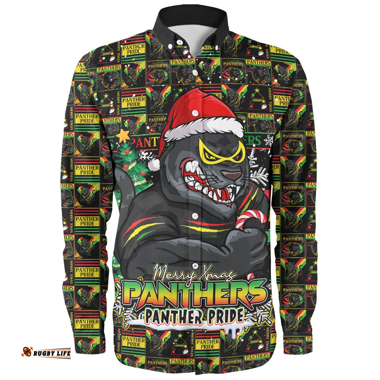 Penrith Panthers Long Sleeve Button Shirt Merry Ugly Christmas Comic Style