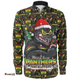 Penrith Panthers Long Sleeve Button Shirt Merry Ugly Christmas Comic Style