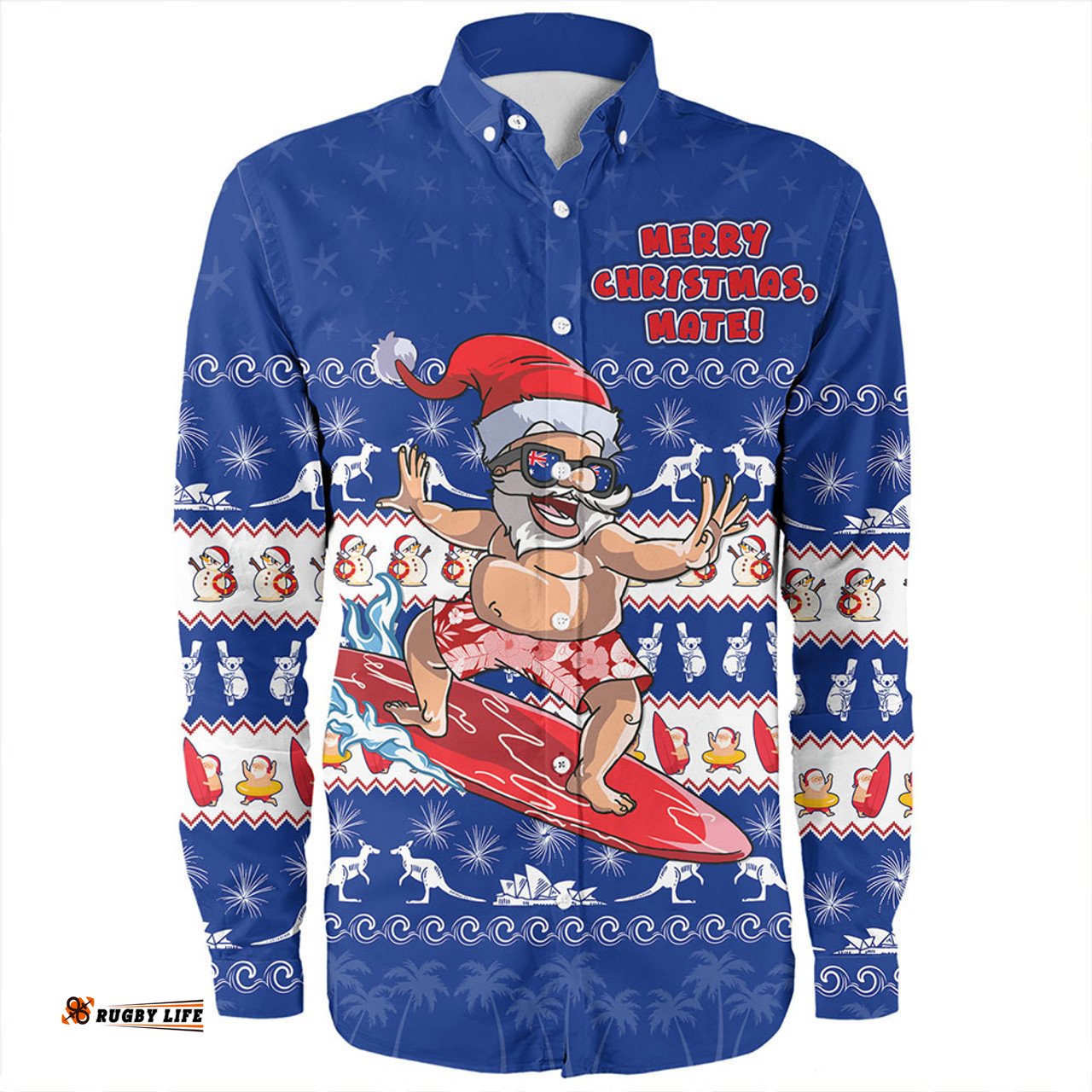 Australia Long Sleeve Button Shirt Merry Christmas Mate Surf's Up Santa