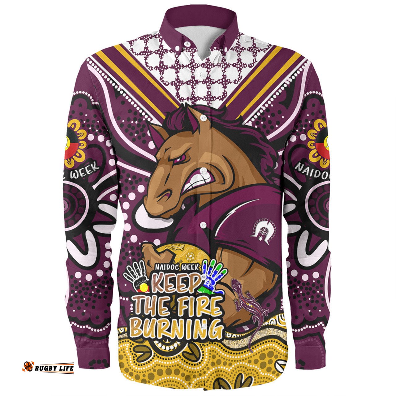 Brisbane Broncos Long Sleeve Button Shirt Aboriginal Inspired Naidoc Week Custom For Die Hard Fan Supporters