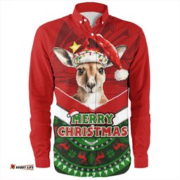 Australia Long Sleeve Button Shirt Holiday Kangaroo Merry Christmas