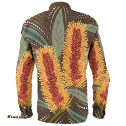 Australia Flowers Aboriginal Long Sleeve Button Shirt - Aboriginal Dot Art With Yellow Banksia Flower Long Sleeve Button Shirt