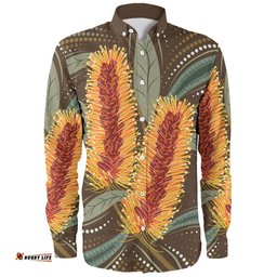 Australia Flowers Aboriginal Long Sleeve Button Shirt - Aboriginal Dot Art With Yellow Banksia Flower Long Sleeve Button Shirt