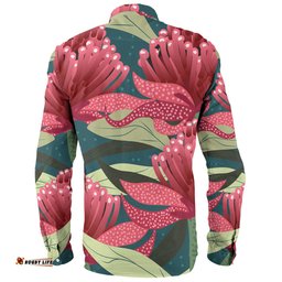 Australia Flowers Aboriginal Long Sleeve Button Shirt - Australian Waratah Flowers Painting In Aboriginal Style Long Sleeve Button Shirt