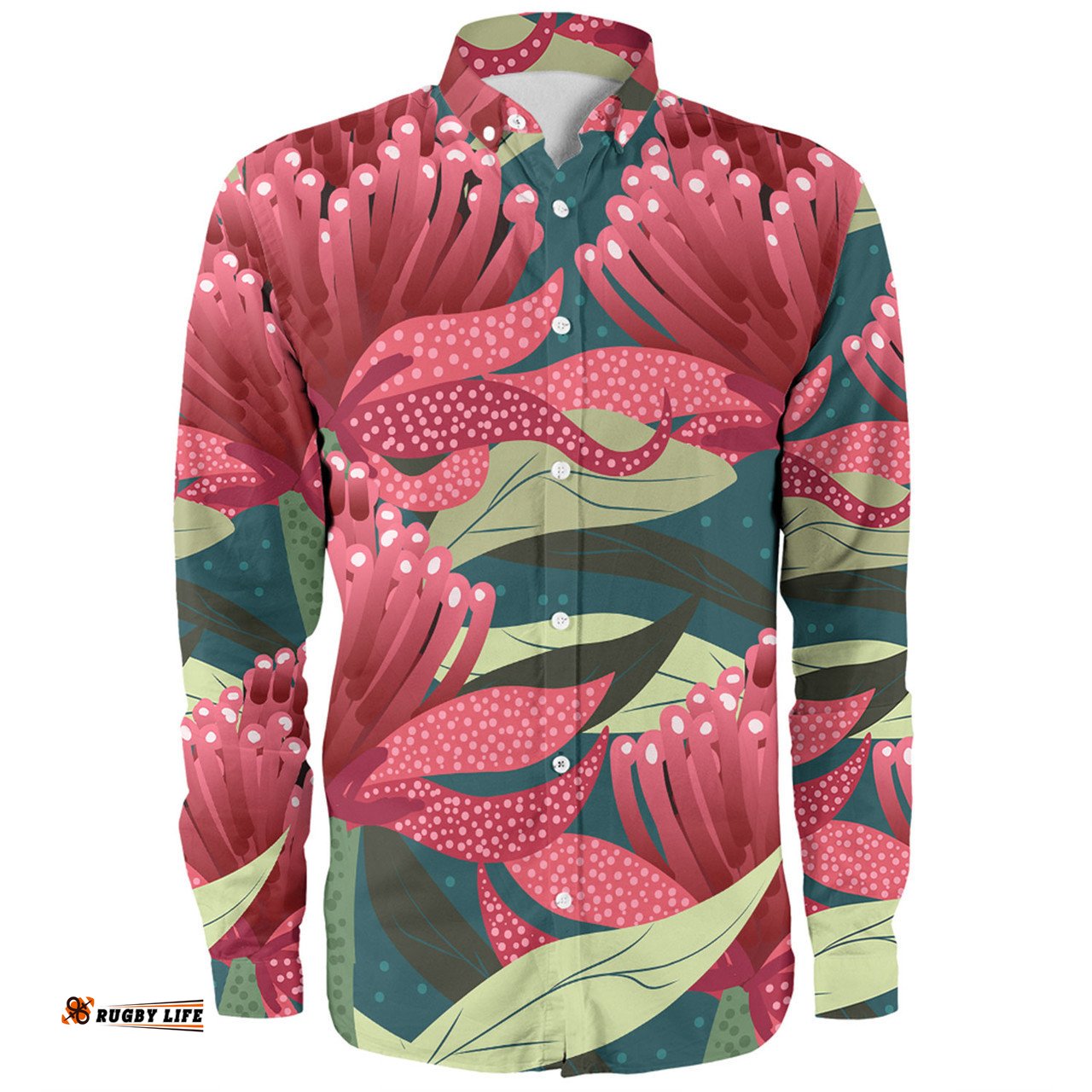 Australia Flowers Aboriginal Long Sleeve Button Shirt - Australian Waratah Flowers Painting In Aboriginal Style Long Sleeve Button Shirt
