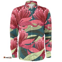 Australia Flowers Aboriginal Long Sleeve Button Shirt - Australian Waratah Flowers Painting In Aboriginal Style Long Sleeve Button Shirt