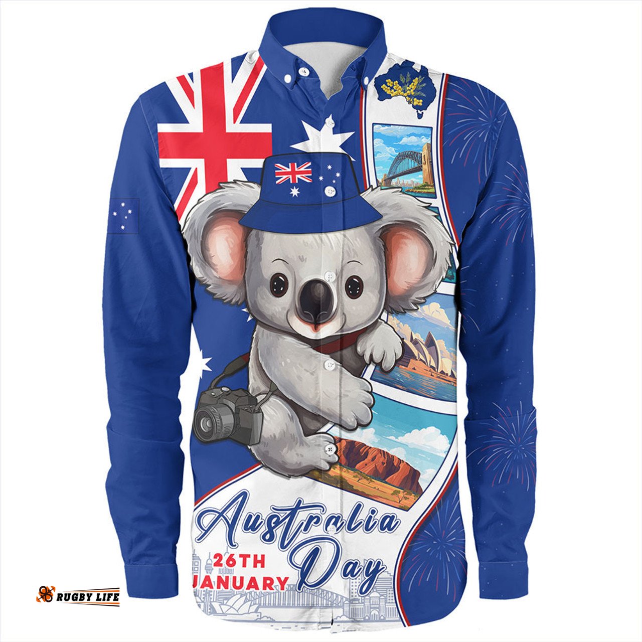 Australia Long Sleeve Button Shirt Happy Australia Day Koala With Pictures Of Famous Places