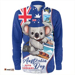 Australia Long Sleeve Button Shirt Happy Australia Day Koala With Pictures Of Famous Places