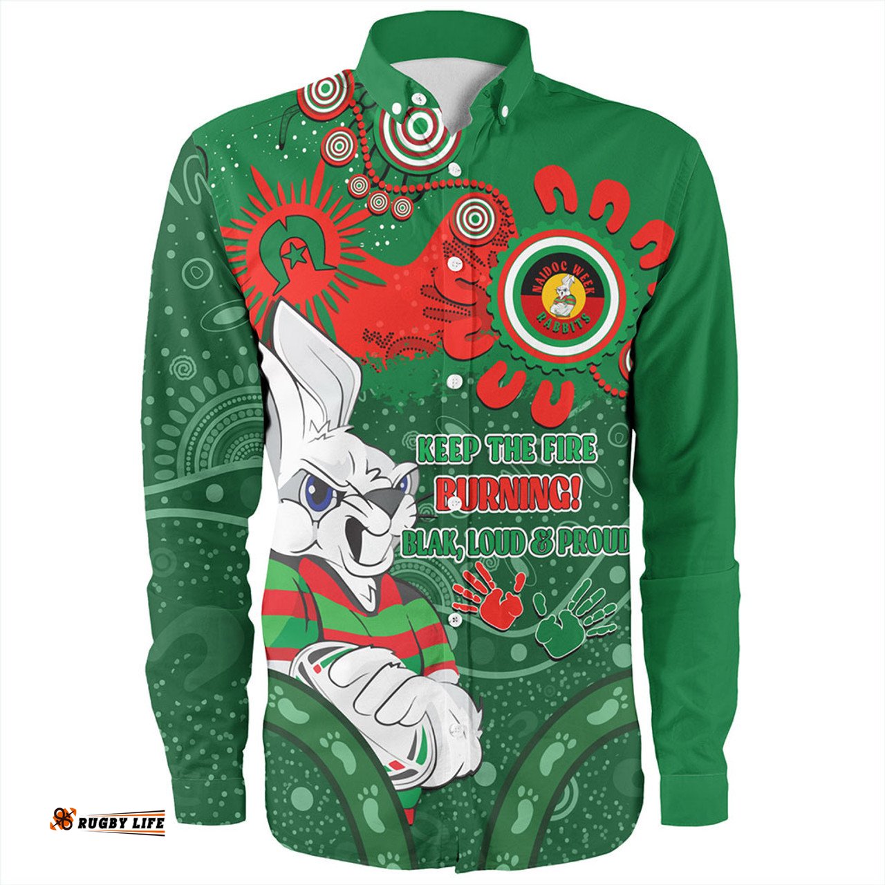 South Sydney Rabbitohs Long Sleeve Button Shirt Aboriginal Indigenous Naidoc Week Dreamtime Dot Painting With Flag