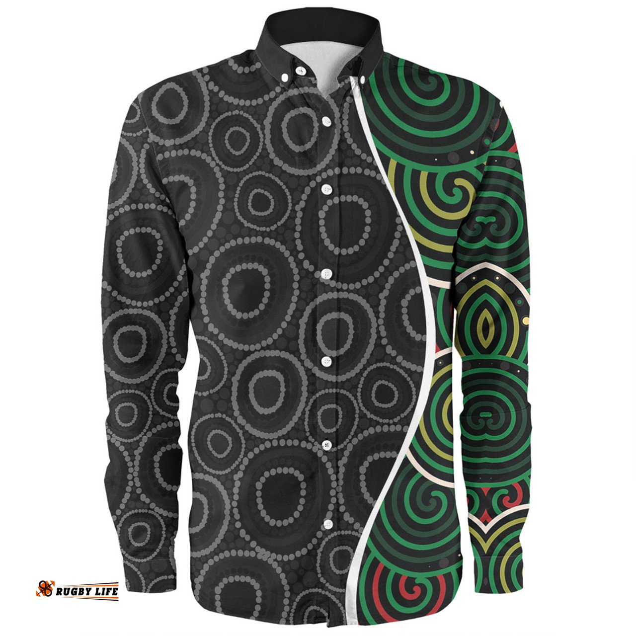 Australia Aboriginal Long Sleeve Button Shirt - Green Dot Art Circle Pattern From Aboriginal Art Long Sleeve Button Shirt