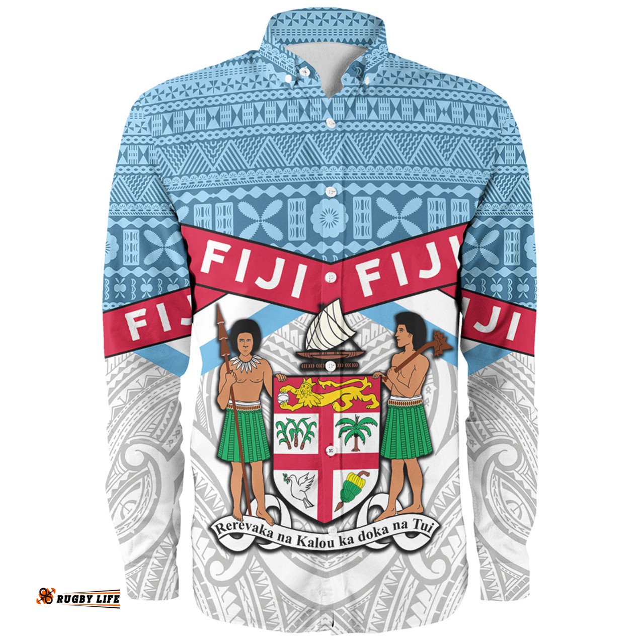 Australia South Sea Islanders Long Sleeve Button Shirt - Fiji In Fijian Tapa Pattern Coat Of Arms Symbol Long Sleeve Button Shirt