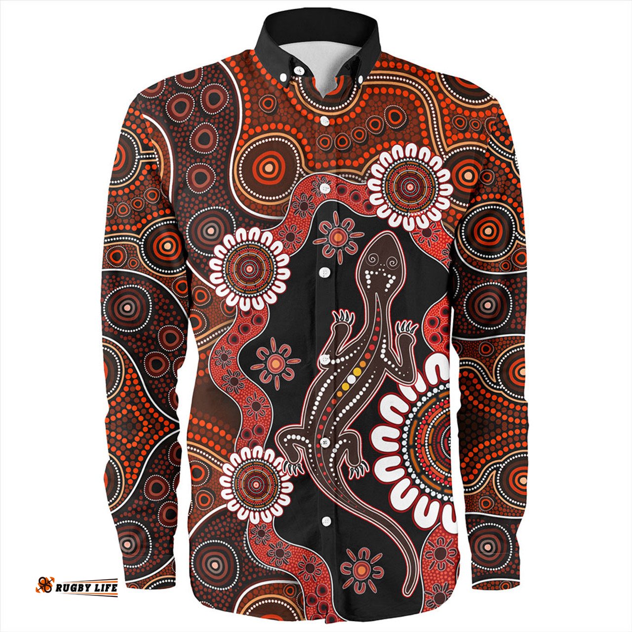 Australia Long Sleeve Button Shirt Aboriginal Inspired Lizard Dot Painting